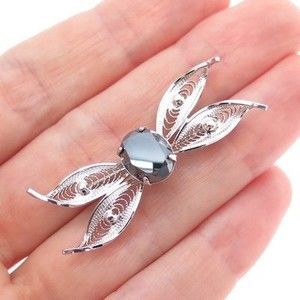 SORRENTO 925 Sterling Silver Vintage Real Hematite Filigree Butterfly Pin Brooch